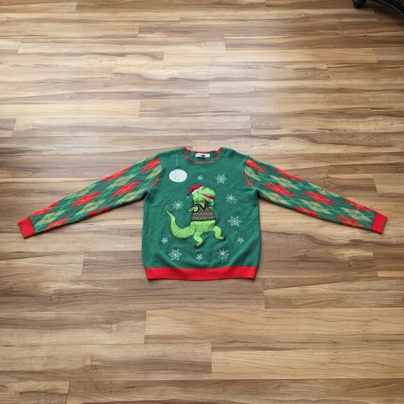 Jolly Sweaters Green Red T-Rex Dinosaur Christmas Sweater Argyle Men’s Large - Picture 3 of 11